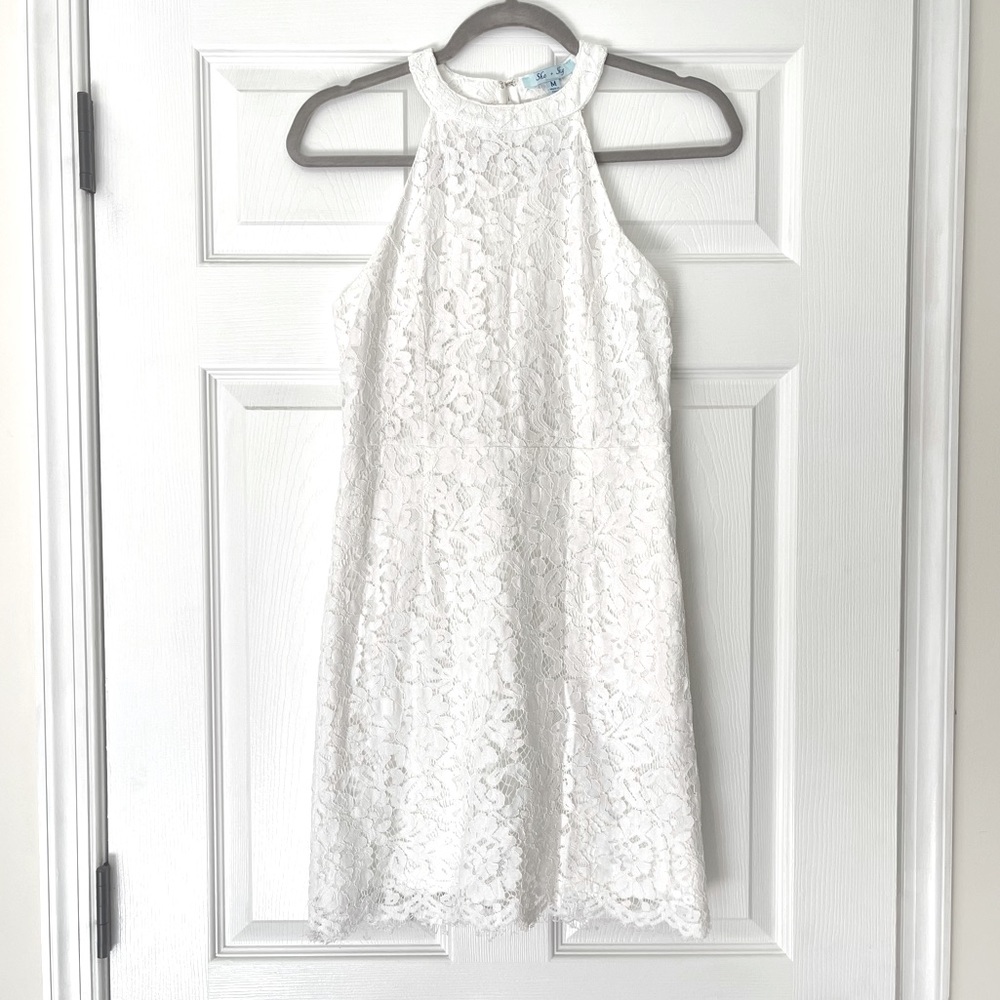 She & Sky | White Lace Mini Halter Dress. Small